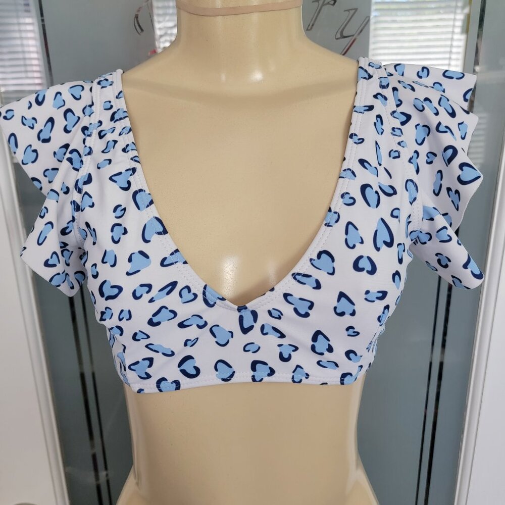 Leopard All Over Print Ruffled Shoulder Bikini Top